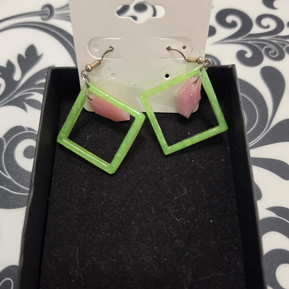 Green and Pink Geometric Dangle Earrings - Women Jewelry